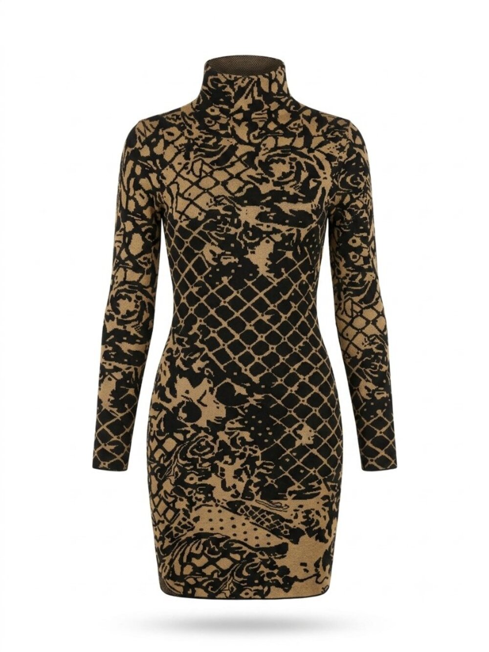 Venus Black & Tan Animal Print Turtleneck Bodycon Sweater Dress XS